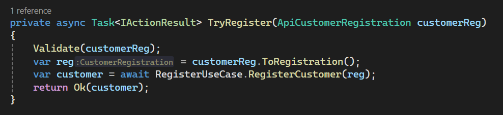 CustomerController.TryRegister() using Exceptions