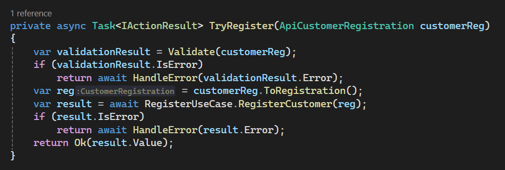 CustomerController.TryRegister() using Result Pattern