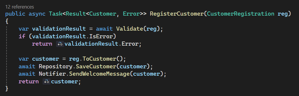 RegisterCustomerUseCase.RegisterCustomer() using Result Pattern