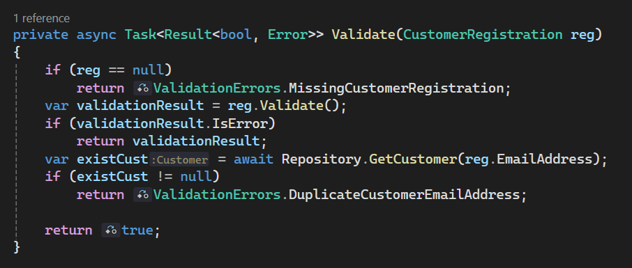 RegisterCustomerUseCase.Validate() using Result Pattern