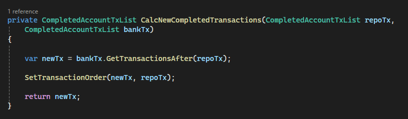 CalcNewCompletedTransactions with helper method